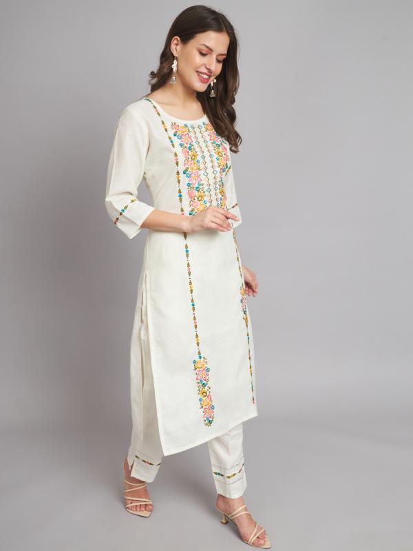 VP 9441 White Women Kurta and Trousers Pant Set Cotton Blend